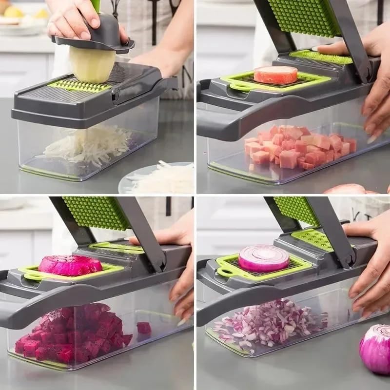 16 in 1 Vegetable Chopper Dicer with Container, Cheese Grater Mandoline Slicer, Stainless Steel Blades, Manual Hand Kitchen Gadget for Onion Potato Fruit