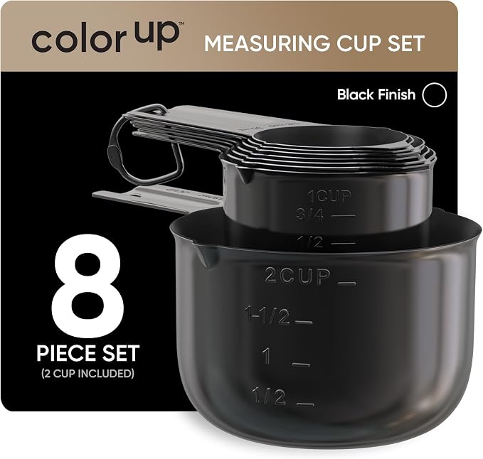 Color Up Measuring Cup Set, 8 Piece – Includes 2 Cup, Black Finish, Stainless Steel, Accurate for Wet & Dry Ingredients, Embossed Markings, Easy-Pour Spouts, Dishwasher-Safe, Kitchen Essential