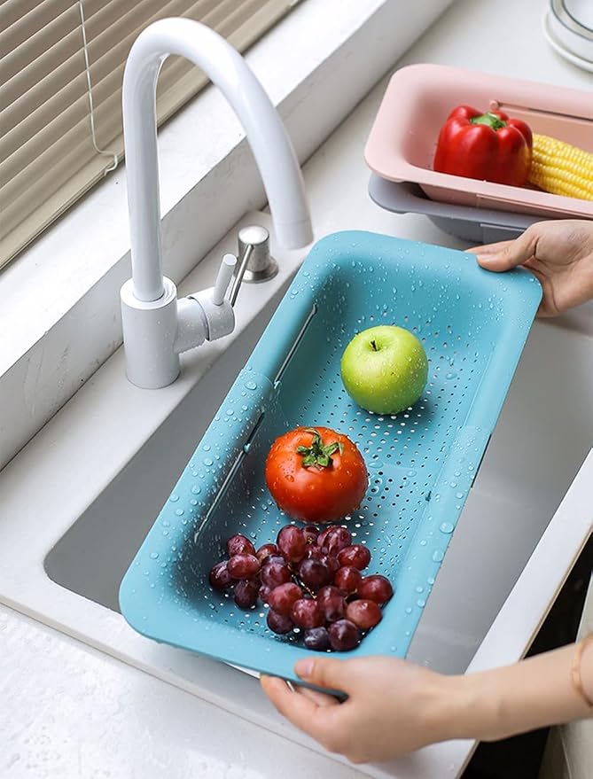 KesaPlan Collapsible Sink Colanders and Strainers Basket Over the Colander Extendable Plastic Fruit Vegetable Strainer Drainer for Kitchen(Length 14.3-19.4inch)(Green Set of 2)