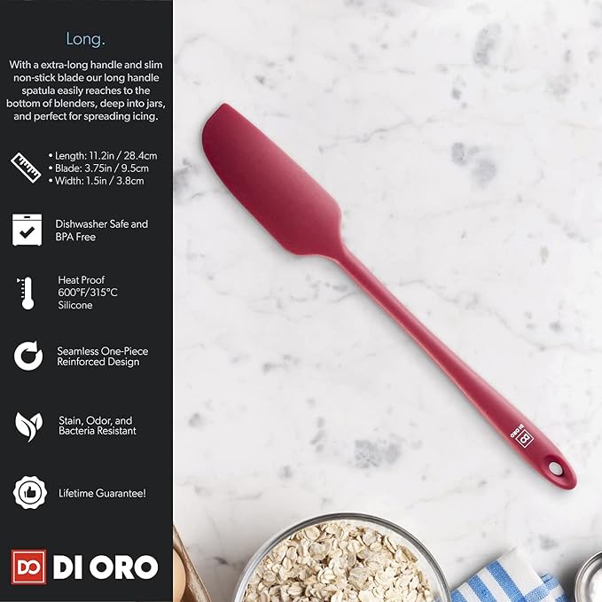 DI ORO Jar Spatula Silicone - Jar Scraper Long Handle for Cooking & Baking - Heat-Resistant Silicone Kitchen Spatula for Cake & Blenders - Nonstick Cookware Safe Utensil - Dishwasher Safe (Red)