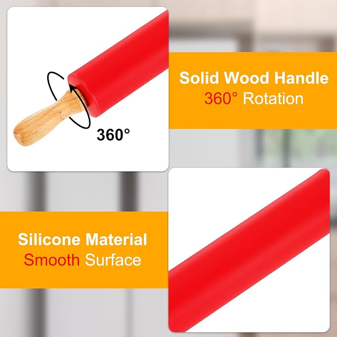 uxcell 6.7 Inch Silicone Rolling Pin, Small Dough Roller with Wood Handle for Pizza Pastry Fondant Kitchen, Red