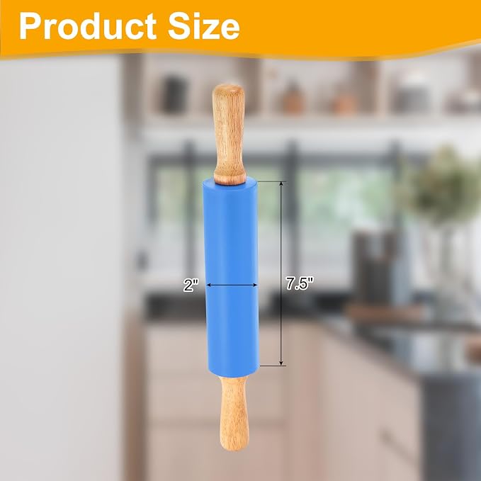 uxcell 7.5 Inch Silicone Rolling Pin, Small Dough Roller with Wood Handle for Pizza Pastry Fondant Kitchen, Blue