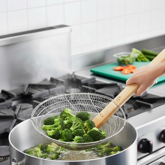 TrueCraftware- 14” Coarse Mesh Skimmer Galvanized Steel with Natural Bamboo Handle- Spider Strainer Ladle Kitchen Frying Food Pasta Spaghetti for Cooking and Frying Pasta Strainer Spoon