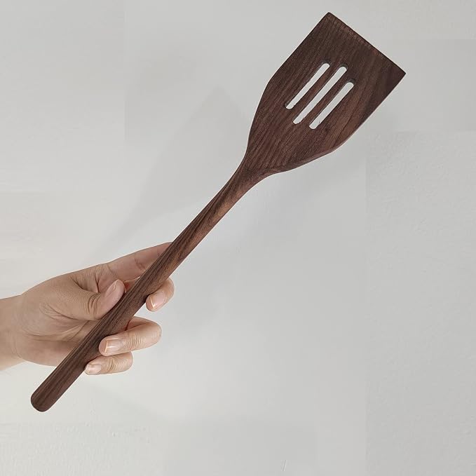 14" Walnut Wooden Slotted Spatula Turner - Durable, High Moisture Resistance for Non-Stick Cookware - Black Walnut Utensils for Cooking