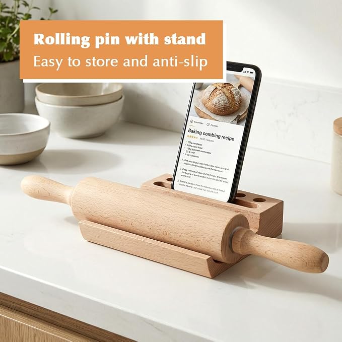 Wood Rolling Pin with Silicone Baking Mat Wood Base, Non Stick Dough Roller with Handle, Fondant Roller Beech Rolling Pins for Baking Pizza Pastry Bread Cookies