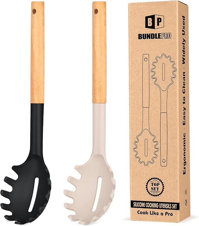 Pack of 2 Spaghetti Spoon, Silicone Pasta Fork with Wooden Handle, Heat Resistant Noodle Spoon Server, BPA Free Spaghetti Strainer(BLACK-KHAKI)