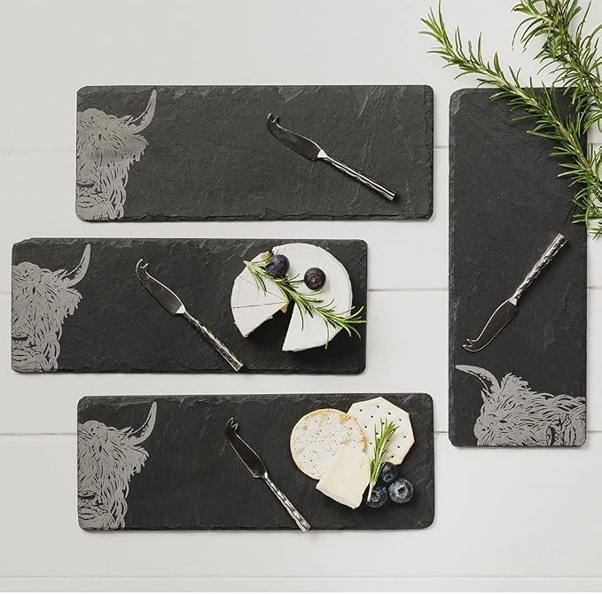 The Just Slate Company Handcrafted Mini Slate Cheese Board and Knife, Laser Etched Highland Cow Design, Set of 4