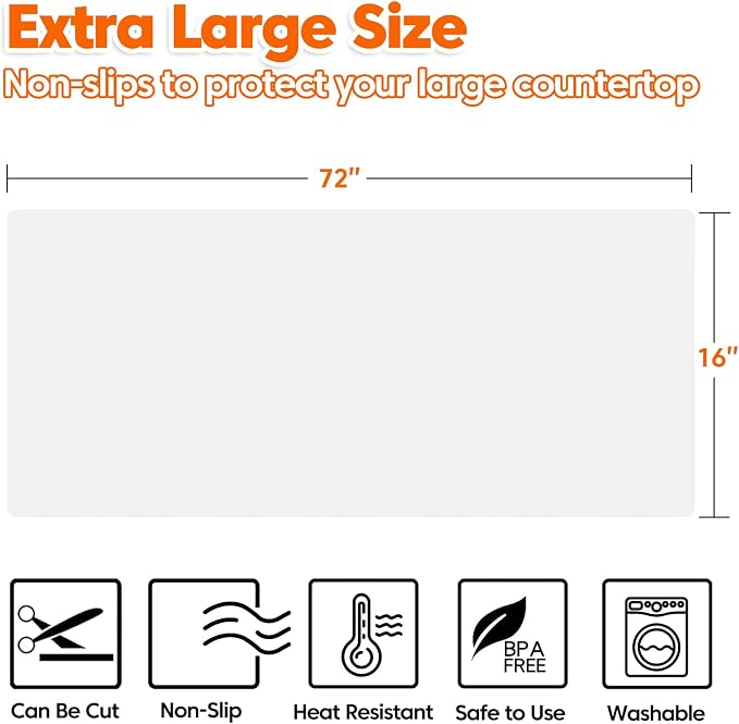 Large Silicone Mat, 72”x16” Heat Resistant Mats for Countertop, Cuttable Waterproof Kitchen Counter Mat, Multipurpose Countertop Protector Mat, Silicone Mats for Kitchen Counter (Translucent)