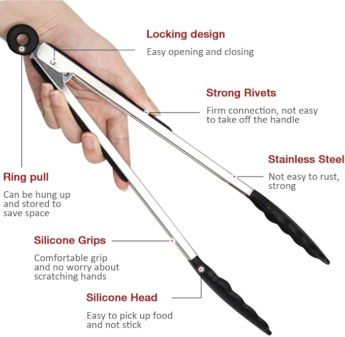 12 Inch Kitchen Tongs Set of 3, Silicone Tongs with Silicone Tips and Stainless Steel Handle, Tongs for Cooking, Baking, Grilling