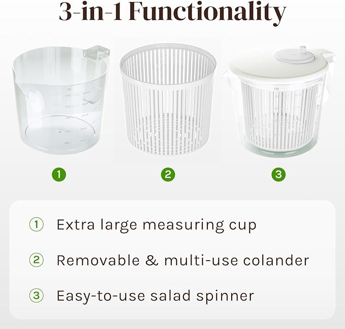 Cooler Kitchen Small Salad Spinner — Mini Lettuce Spinner and Dryer with Measuring Cup Bowl — Compact Veggie & Fruit Washer, Salad Dryer Spinner — Dishwasher Safe, BPA-Free
