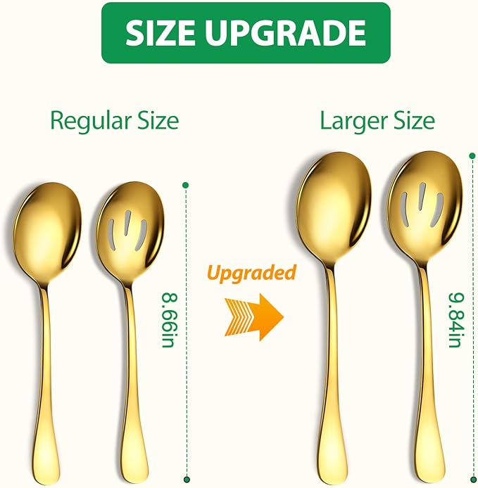 Stainless Steel Serving Spoons Set, 6pc, 10-Inch, Includes 3 Large, 3 Slotted, for Parties/Kitchen/Buffet/Catering, Dishwasher Safe, Gold