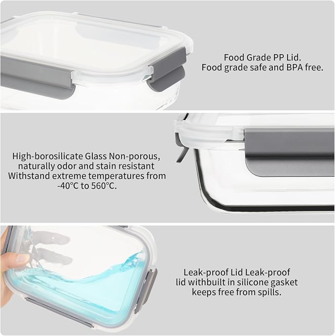 AILTEC Glass Food Storage Containers with Lids, 10 Pack Meal Prep Set | 12.5oz/35.5oz Rectangle Set, Borosilicate Glass, Leak Proof, Oven, Microwave & Freezer Dishwasher Safe, BPA Free