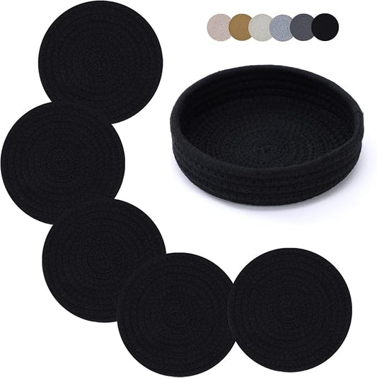 Coga Trivets for Hot Dishes, 5 Pack 7 Inch Cotton Hot Pads for Kitchen with Storage Basket, Round Pot Holders for Kitchen, Heat Resistant Mats for Countertop, Pots and Pans, Farmhouse Decor, Black