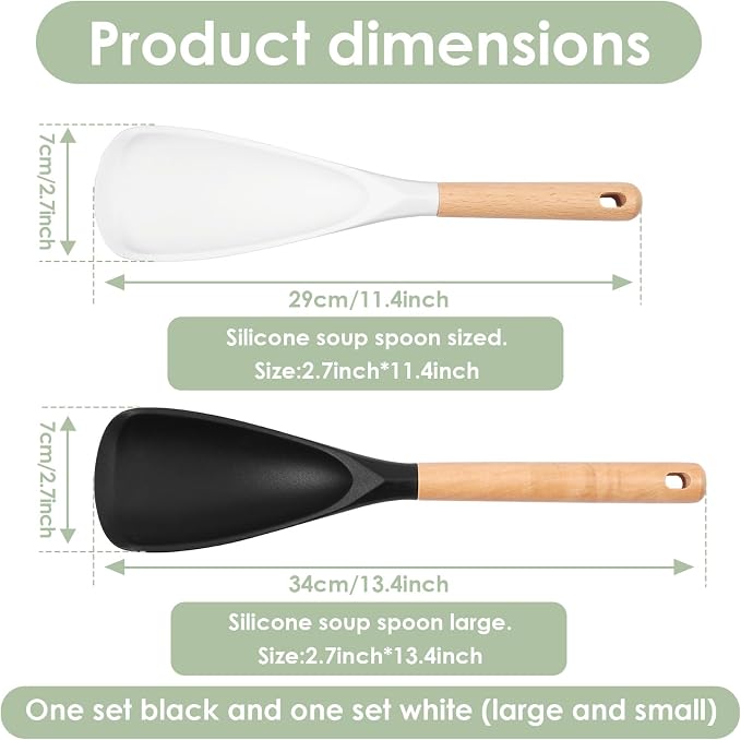 4Pcs Silicone Spatula Set with Wooden Handle, Black White Cooking Spoon Spatula Multipurpose Kitchen Utensils for Mixing, Scraping, Serving, Heat Resistant, Non-Stick Safe, 2 Large 2 Small