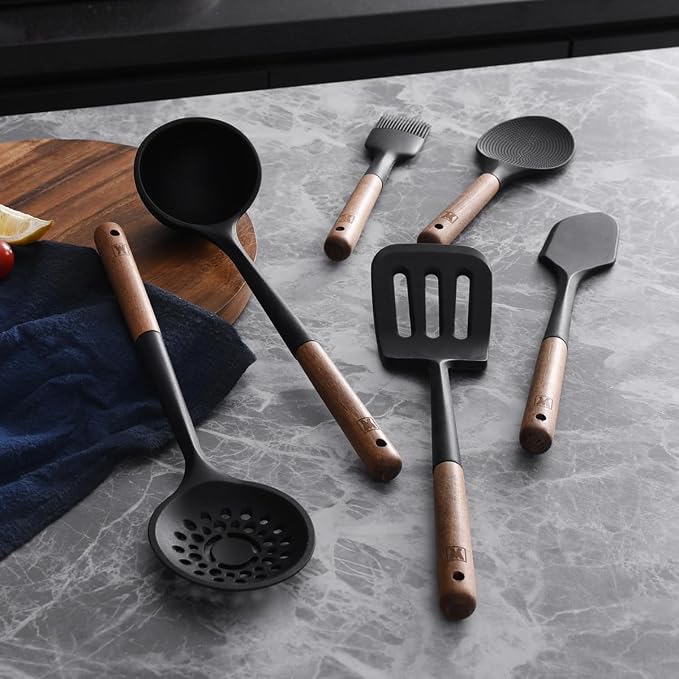 Cooking Ladle: Silicone Kitchen Utensil with Long Wooden Handles, Heat Resistant Cookware, Protects Surfaces with Gentle Head Design, Portion Batter, Professional Chef Wok Soup Ladle