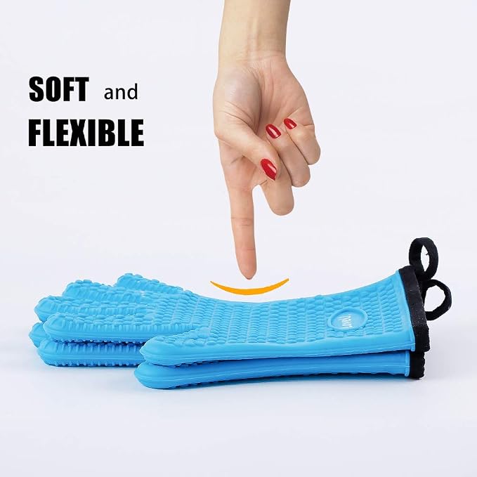 Kitchen Oven Gloves - Dual-Layer Heat Resistant Grilling Gloves, Silicone Oven Mitts with 5 Fingers, Waterproof Non-Slip Pot Holder for Barbecue, Cooking, Baking (Blue)