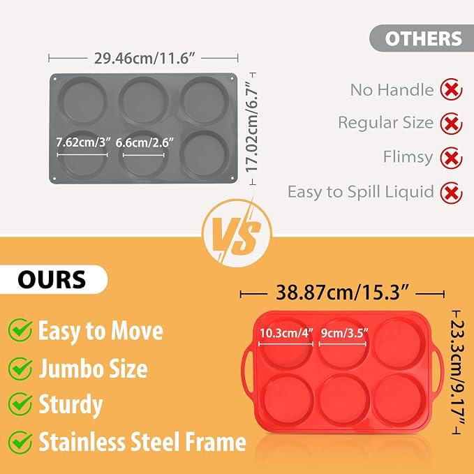 4 Inch Muffin Top Pan Non Stick with Metal Frame, Silicone Egg Molds for Breakfast Sandwiches, Large Round Whoopie Pie Baking Pan with Handle for English Muffin, Egg Bite and Oven, Red