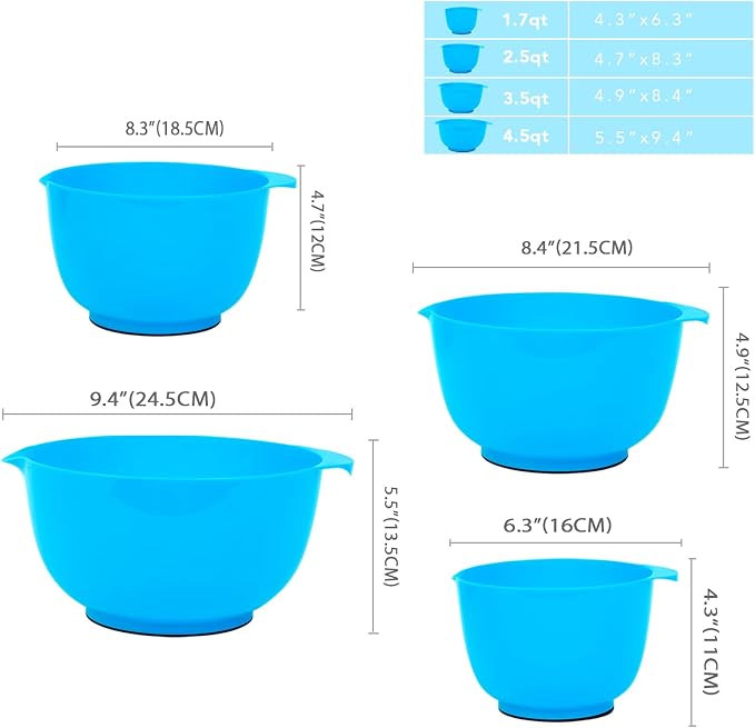 BoxedHome Plastic Mixing Bowls with Pour Spout, Microwave Safe, 4.5 Quart | BPA Free, Non-slip Base Set for 4, 4.5,3.5,2.5 and 1.7QT, Dishwasher Safe Nesting Bowl for Prep, Cooking, Baking (Teal)