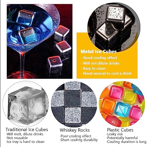 8-Pack Whiskey Metal Ice Cubes, Stainless Steel Ice Cubes, Reusable Whiskey Stones for Scotch and Bourbon, Barware Tool Set With Ice Tongs, Freezer Storage Tray and Disposable Ice Cube Bags