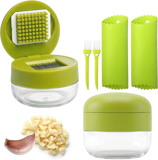 2-Pack 3-in-1 Garlic Press Sets, Stainless Steel Garlic Mincer Tool with Silicone Peeler and Cleaning Brush, Garlic Chopper Crusher for Ginger, Onions, Fruits (Green)