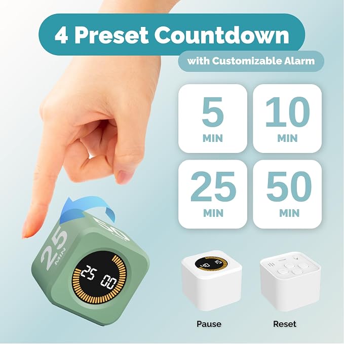 KADAMS Pomodoro Timer – Visual Timer Cube, LED Countdown Ring & Count Up Mode, Silent Flip Productivity Timer for Study, Classroom, Office, Cooking (Green 5-10-25-50 min)