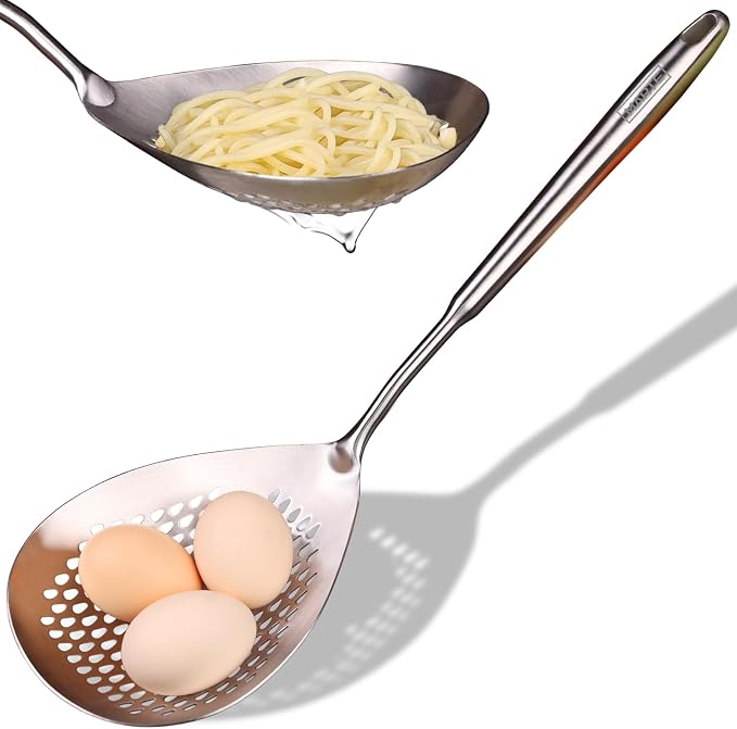 Skimmer Slotted Spoon -16.5" 304 Stainless Steel Pasta Spider Strainer Skimmer Ladle Spoon for Cooking and Frying - Kitchen Metal Scoop Colander Strainer Spoon with Heat Resistant Handle
