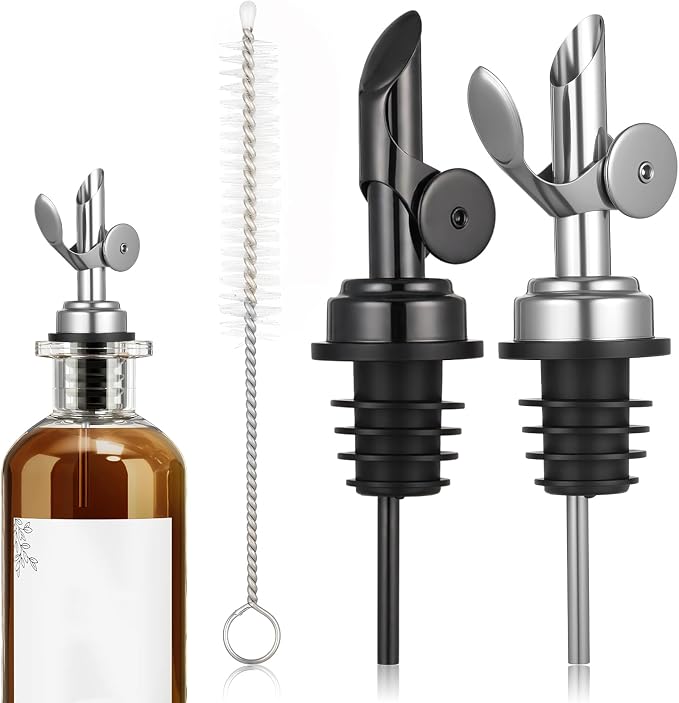 2 PCS Olive Oil Dispenser Spout, Olive Oil Spout for Liquor Bottles | Self Closing Oil Bottle Spout, Auto Flip Liquor Pour Spout for Oil, Vinegar, Syrup and Alcohol, Black silver