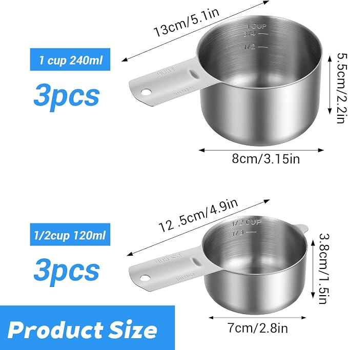 6 Pcs Stainless Steel Measuring Cup Set Includes 3 Pcs 1Cup (240ml, 8oz) & 3 Pcs 1/2Cup (120ml, 4oz) Metal Measure Scoop with Etched Inner Scale, Metric and US Measurement, Dishwasher Safe