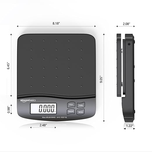 Amazon Basics Digital Postal Shipping Scale with Tare Function, AC Adapter, 65 lb Capacity, 0.1 oz Readability, LCD Display, Black