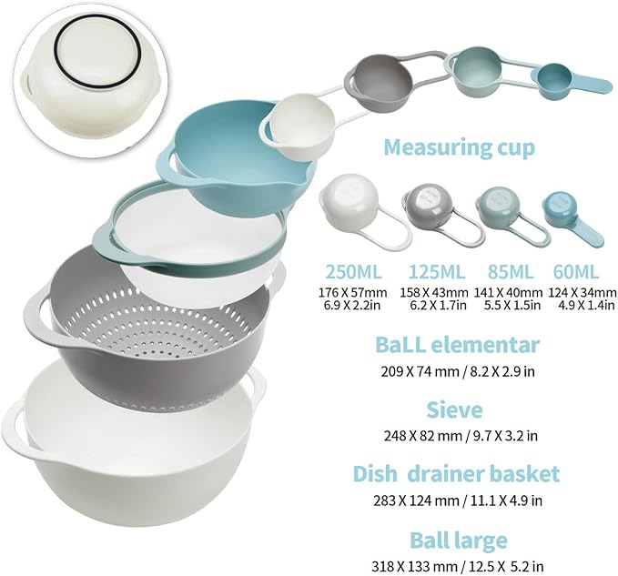 Plastic Mixing Bowls, Multicolored, Set of 8, Rv Camping Accessories | Nest for Easy Storage, Inculding Measuring Cups, Colander, Sifter, Large Bowl, Great for Cooking and Baking, No BPA