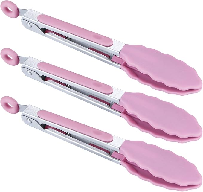 MSY BIGSUNNY Kitchen Food Tongs - 7" Mini Silicone Serving Tongs - Set of 3 (Pink)