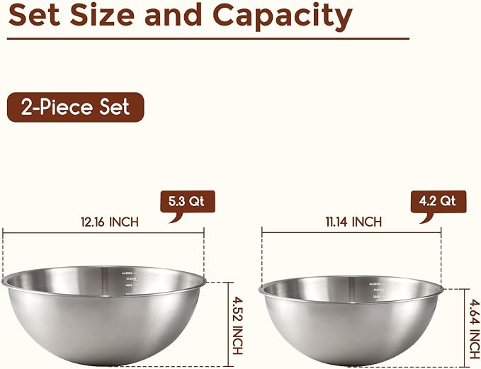Gronivex Stainless Steel Mixing Bowls Set, 2-Piece (4.2 & 5.3 Qt) | Food-Grade Metal, Dishwasher Safety, Space-Saving – Extra-Large for Bread Dough, Whole Chicken & Big-Batch Cooking