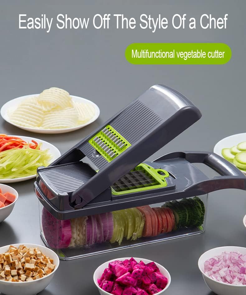 Multi-functional Vegetable Chopper with container, Salad Cutter & Fruit Slicer - Ultra-Sharp Stainless Steel Blades, Compact Onion Chopper & Potato Slicer, Versatile Kitchen Helper - BPA Free