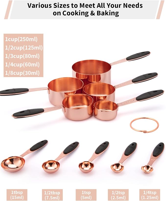 Joyhill Copper Measuring Cups and Spoons Set of 10 Piece, Stainless Steel Nesting Measuring Cup Set with Soft Touch Silicone Handles for Dry and Liquid Ingredients | BPA-Free Silicone Handles, Etched Markings, Nestable Design, Dishwasher Safe for Dry &...