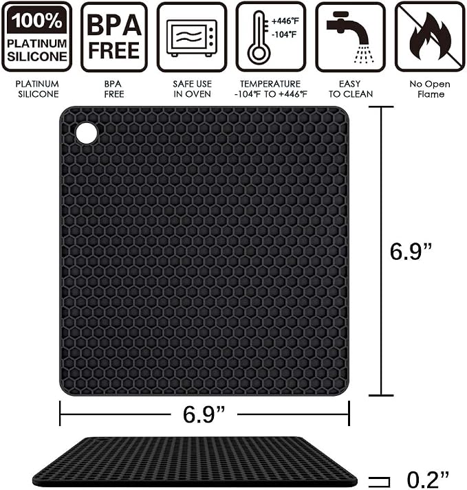Silicone Trivets Mats for Hot Dishes - Hot Pads for Kitchen Countertop Non Slip Coasters Heat Resistant Mats 4 Pack (Black)