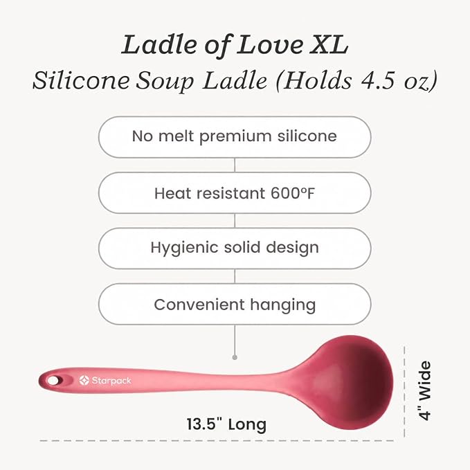 Starpack 'Ladle of Love' XL Premium Silicone Ladle Spoon - Up-to 600°F High Heat Resistant Soup Ladles - Kitchen Ladles for Serving, Non Stick Silicone Spoons, LFGB Grade Cooking Spoon - Earthy Pink