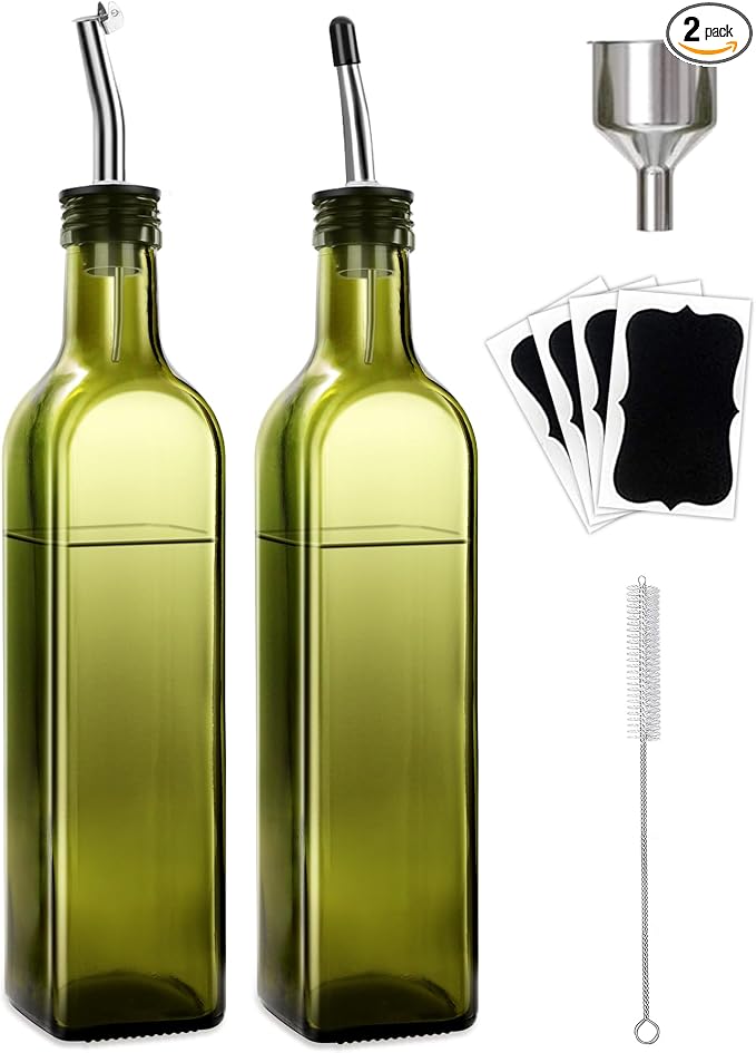 Leaflai 2 Pcs Green Glass Olive Oil Dispenser and Vinegar Dispenser Set with 2 Stainless Steel Pourers, 4 Labels, 1 Brush, 1 Funnel (500ml) for Kitchen, Cooking, Salad Dressing, Barbecue, Mixing