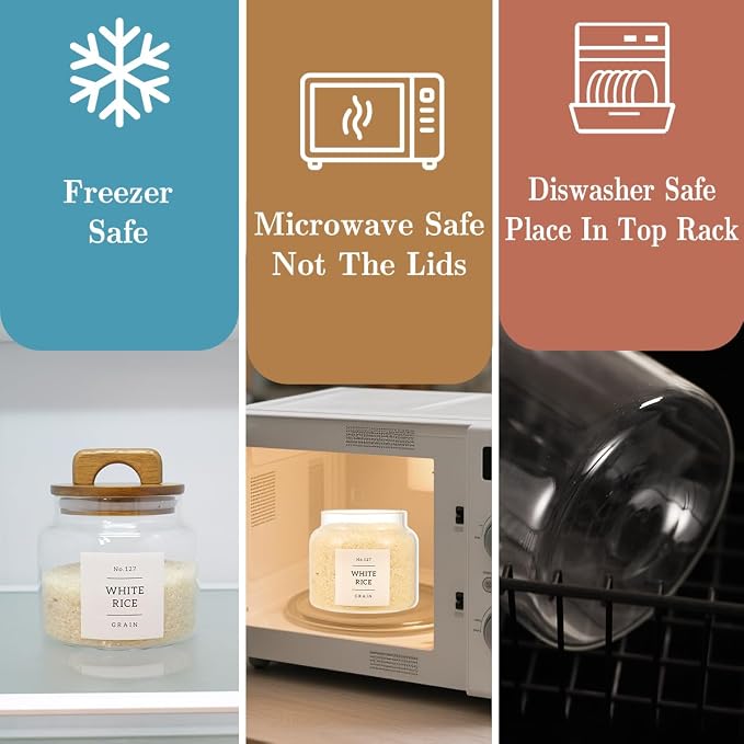 4 Pack Glass Pantry Storage Containers with 132 Pantry Labels - 37 FL OZ Kitchen Glass Canisters with Bamboo Airtight Lids - Farmhouse Glass Pantry Jars for Cookie, Rice, Pasta, Cereal, Bath Salt