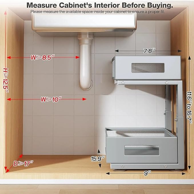 Under Sink Organizer, 2-Tier Dual Pull Out Cabinet Organizer Drawers With Smooth Circular Rail,Large Capacity Metal Mesh Sliding Shelves For Bathroom& Kitchen Storage,Height Adjustable–Gun Gray,1 Pack