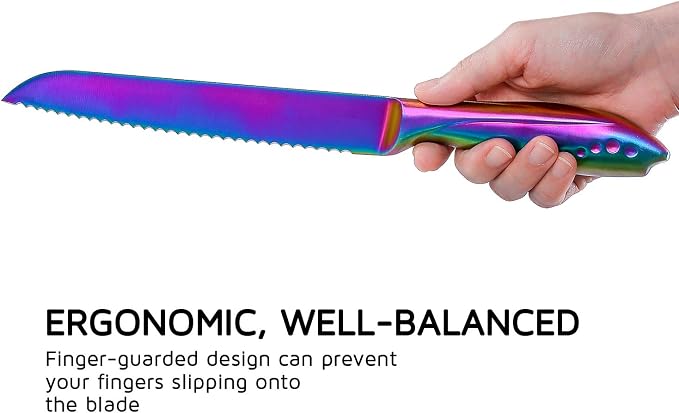 WELLSTAR Bread Knife 8 Inch, Serrated Bread Cutter, Ultra Sharp German Stainless Steel Blade and Comfortable Handle with Rainbow Titanium Coated for Slicing Breads Loaves Bagel Cake and Large Fruit