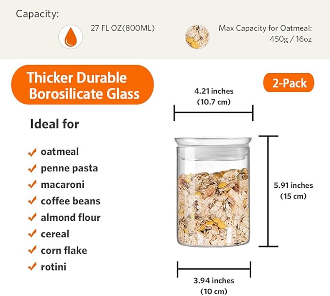 ZENS 27oz Glass Jars with Airtight Lid Set of 2, Clear Glass Storage Containers, Glass Kitchen Canisters with Airtight Lids, Coffee Jars for Brown Sugar, Pantry Organization | Thick Borosilicate Glass Canisters with Airtight Lids for Herbs, Thick Boros...