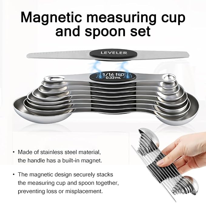 Measuring Cup and Magnetic Measuring Spoons Set, 8 Stainless Steel Nesting Measuring Cup & 8 Double Sided Stackable Magnetic Measuring Spoons & 1 Leveler for Cooking Dry & Liquid Ingredients