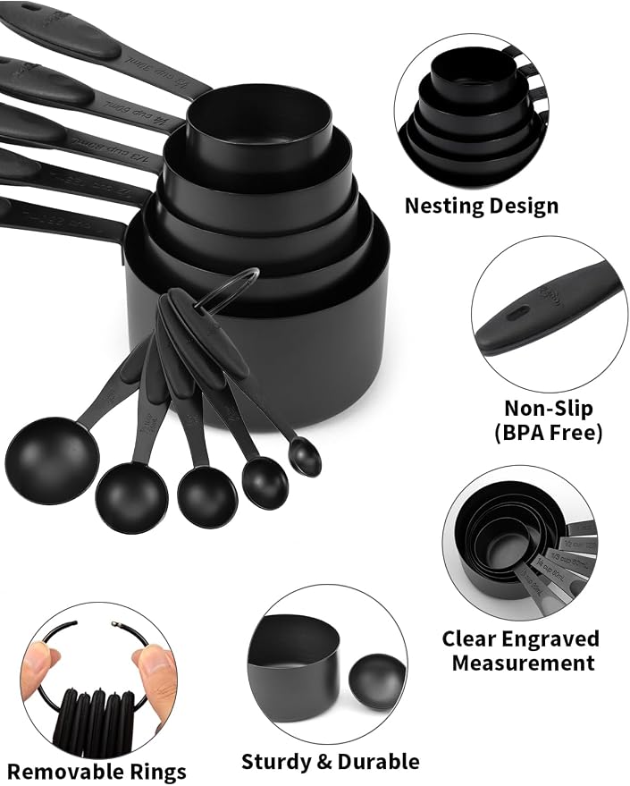 JOYHILL Measuring Cups and Spoons Set 304 Stainless Steel 10-Piece Black | BPA-Free Silicone Handles, Etched Markings, Nestable Design, Dishwasher Safe for Dry & Liquid Ingredients