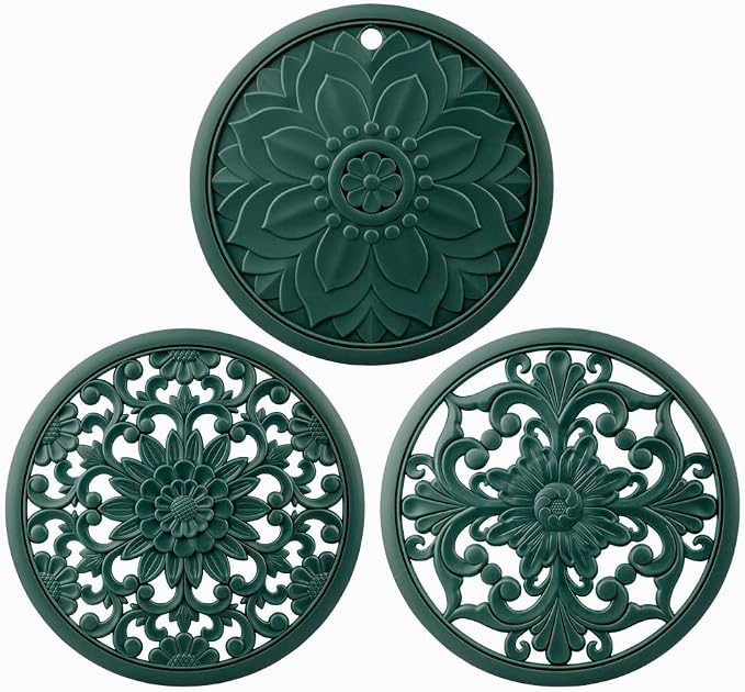 Green Silicone Trivets for Hot Dishes, Pots & Pans, Round Hot Pads for Kitchen, Silicone Trivet Mat for Table Tops, Silicon Pot Holder for Countertops, Heat Resistant Mat Set 3