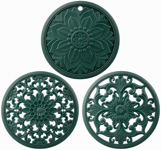 Silicone Trivets Mats for Hot Pots & Pans-Dishes, Versatile Hot Pads for Kitchen, Multipurpose Heat Resistant Mat for Kitchen Counter, Durable-Flexible Round Silicone Pot Holder Set 3 Green