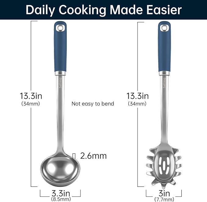 Safring Stainless Steel Soup Ladle and Spaghetti Spoon Set, Heat Resistant Rubber Handle, Dishwasher Safe, Kitchen Utensils for Cooking, Stirring, Serving Pasta, Soup & Sauce (Blue)