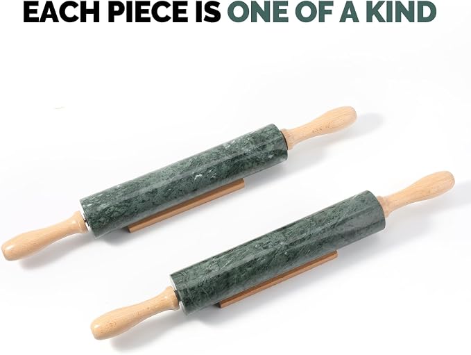 Koville Indian Natural Marble Rolling Pin, Non-Stick Polished Dough Roller, Pasta, Dumpling, Fondant, Pie Crust, Bread, Pizza Dough, Kitchen Baking Pastry Tools with Mat/Scraper(Indian Green)