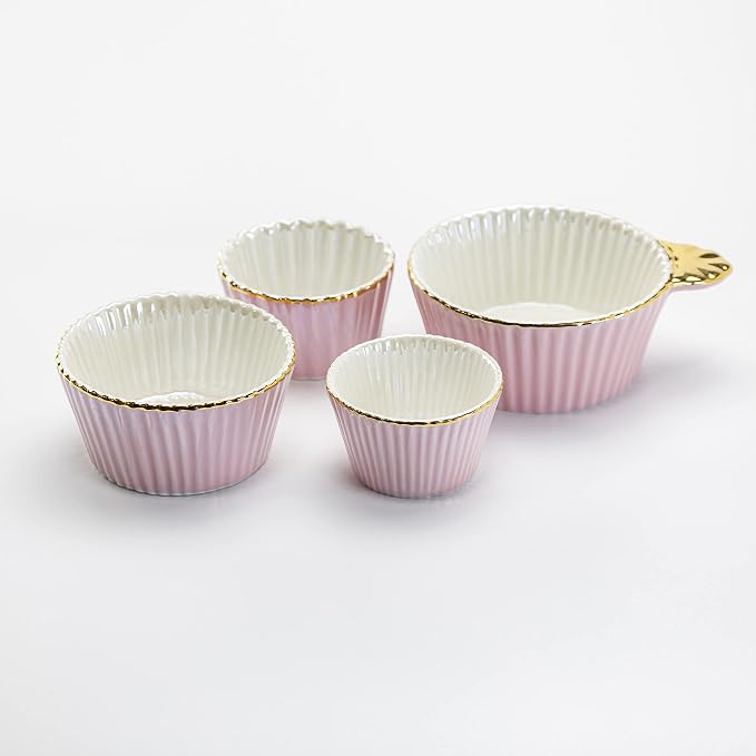 Gracie China by Coastline Imports Gold Trim Pink Porcelain Fluted 4-Piece Measuring Cup Set