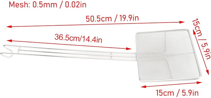 Square Strainer Skimmer, Stainless Steel Square Fryer Skimmer Ladle with Long Handle and Hanging Hook for Kitchen Deep Fryer, Pasta, Noodle(Fine mesh)
