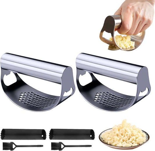 Stainless Steel Garlic Press Rocker, 2026 New Heavy Duty Ergonomic Garlic Crusher Tool with Peeler and Brush for Smash Garlic Built-in Bottle Opener - Easy Kitchen Gadget for Home Cooks (2PCS)